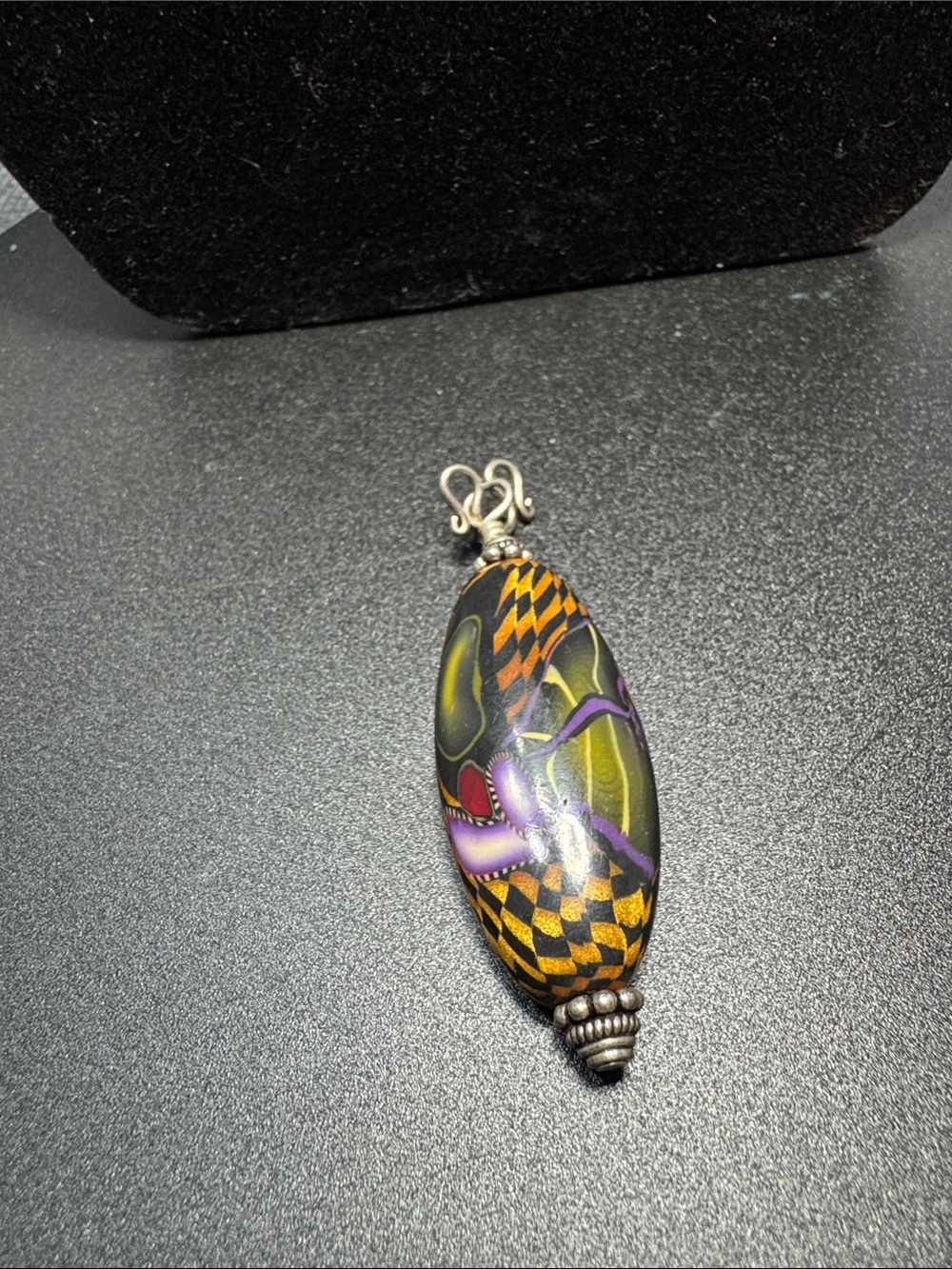 VTG Source Unknown Black Multicolor Glass Bead Pendant with Checker Motif